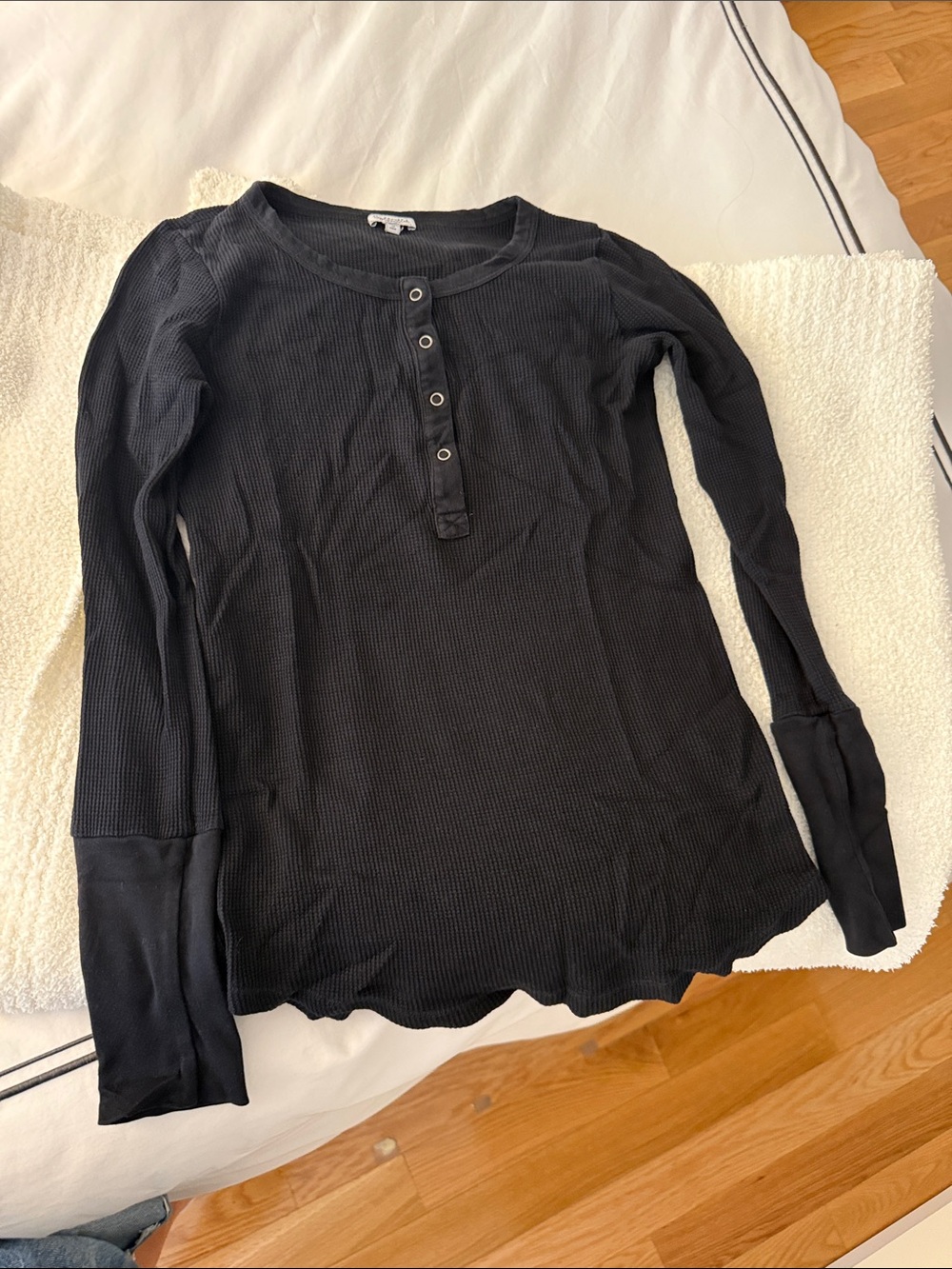 Splendid Black Long-Sleeve Henley Waffle Knit Top